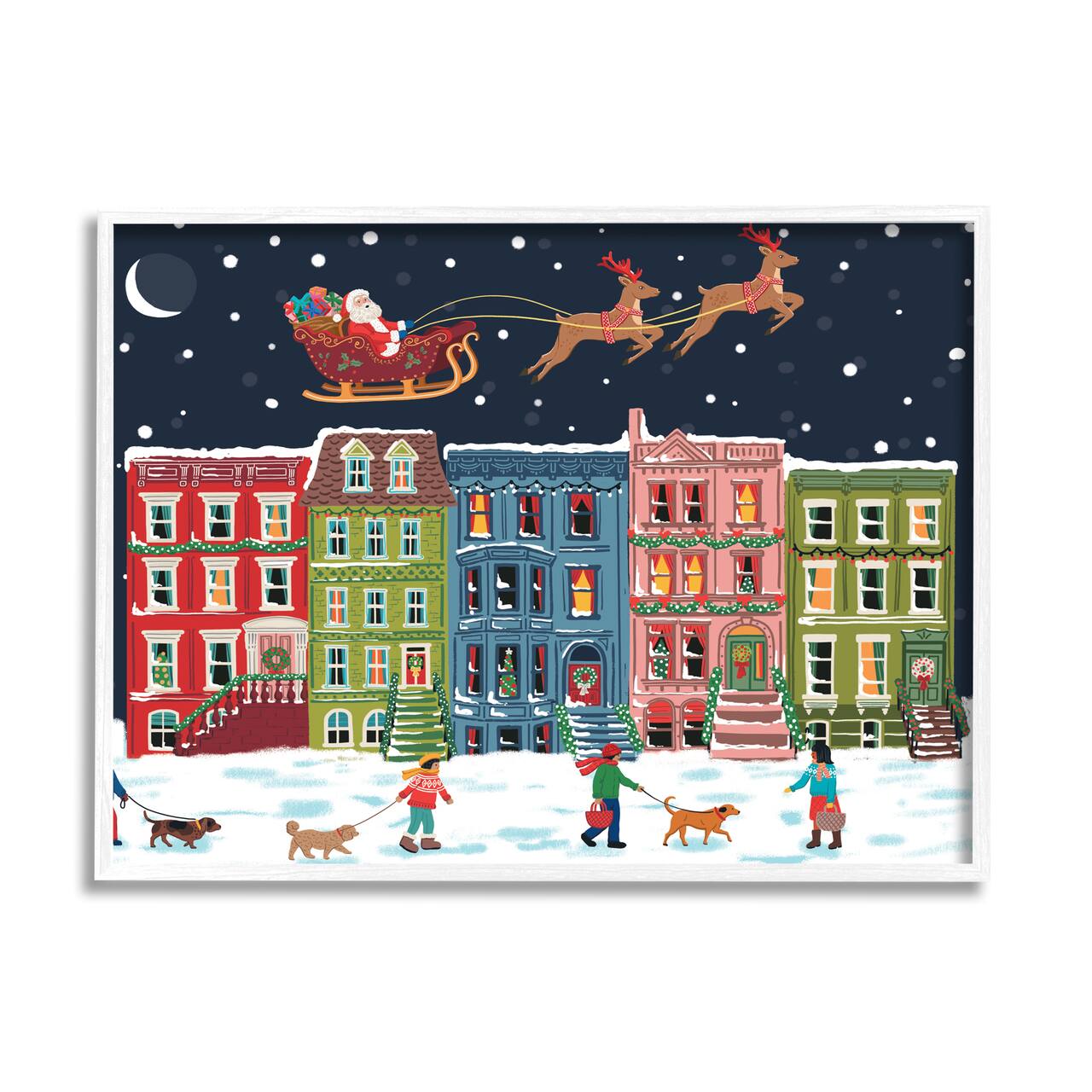 Stupell Industries Snowy Christmas Town Santa Overhead Framed Giclee Art